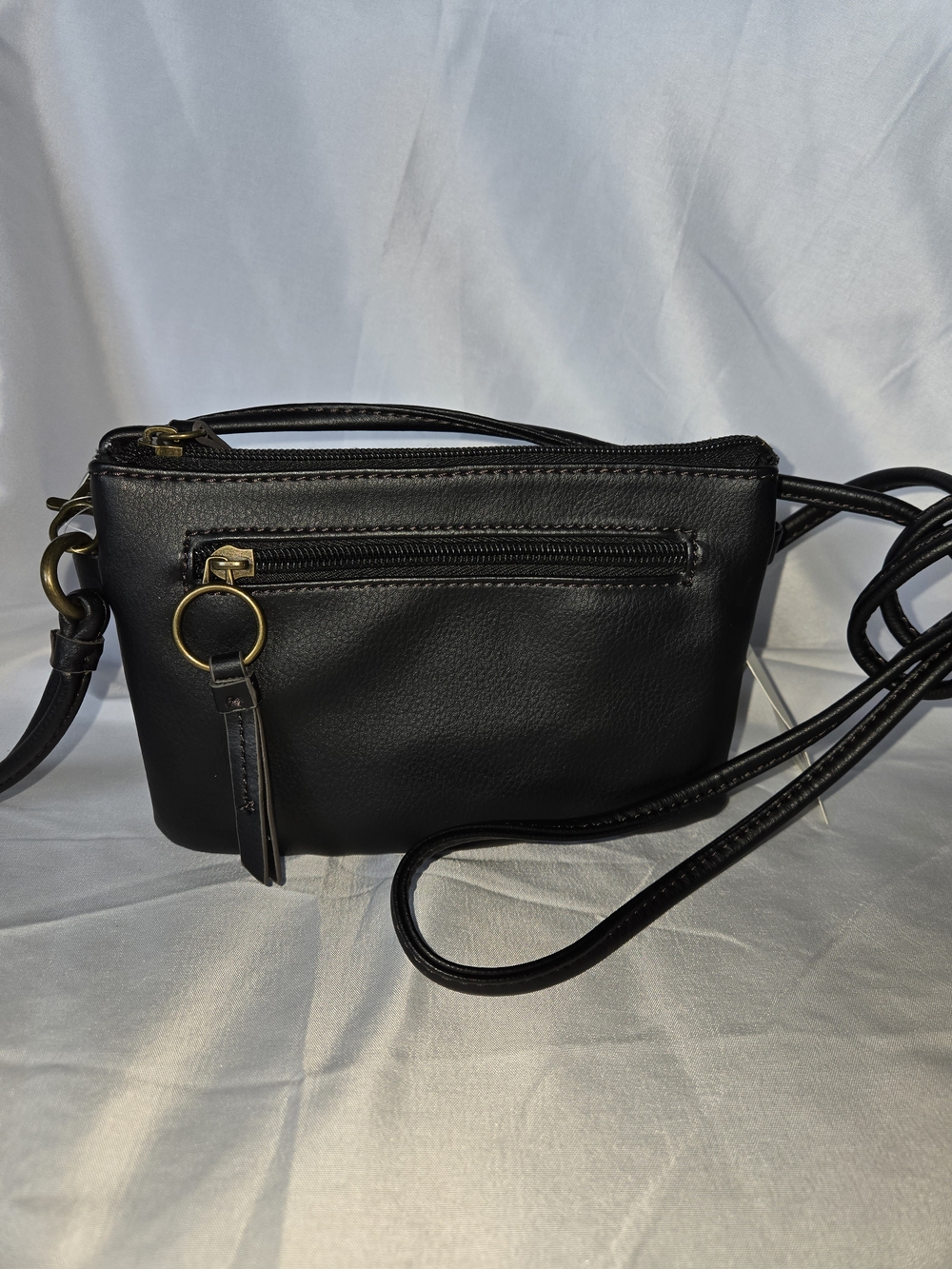 Black Small Zip Crossbody Bag Detachable Strap Pockets Gold